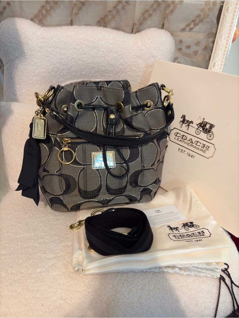 Coach Gray Signature Drawstring Shoulder Bag with Gold Hardware
